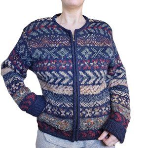 90s VTG Mohair Wool Blend Cardigan Sweater‎ Full Zip Fair Isle Fuzzy Navy